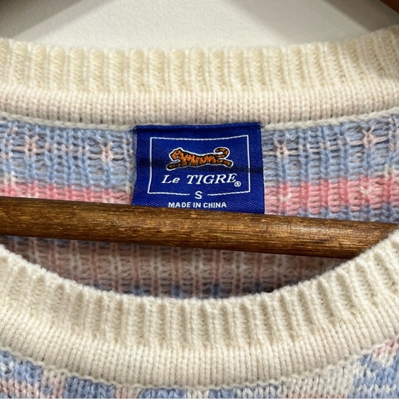 LE TIGRE Pink Blue Pastel Nordic Fair Isle Snowflake Crew Neck Sweater Wool S - Picture 8 of 9